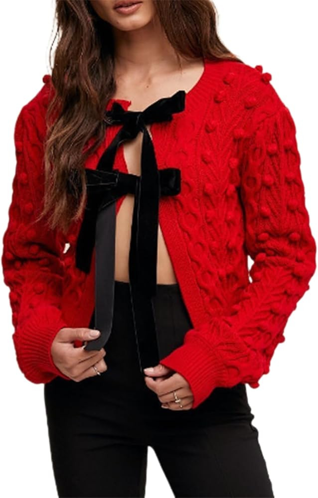 Cárdigan de punto trenzado con lazo para mujer, diseño de bolas 3D, acanalado, manga larga, cue... | Amazon (US)