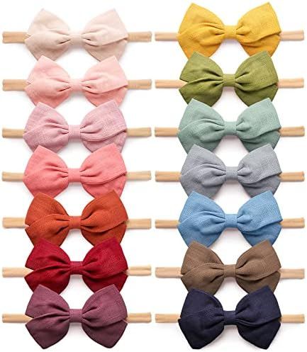 14 Pack Baby Girls Nylon Headbands Linen Hair Bows Hairbands Handmade Hair Accessories for Newbor... | Amazon (US)