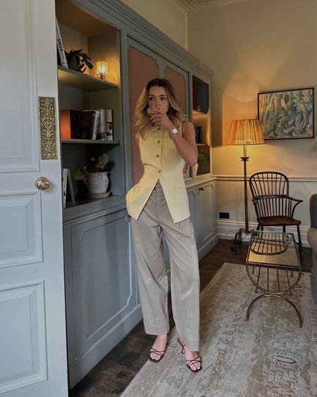 Aligne, Me&Em, yellow waistcoat, barrel trousers, beige trousers, brown heeled sandals, lace up heels, brown bag, evening outfit, river island, oasis, John Lewis, cos, Uniqlo, M&S, Marks and Spencer’s, Arket 

#LTKstyletip #LTKeurope #LTKuk