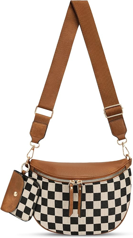 Checkered Crossbody Bag,Nylon Bum Bags for Women Crossbody,Spacious Sling Bag Purse Fanny Packs w... | Amazon (US)