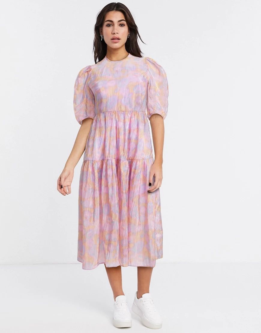 & Other Stories printed puff sleeve midi dress in pink | ASOS (Global)