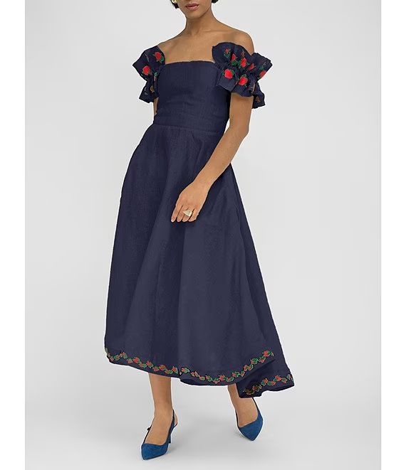 Alanya On Or Off-the-Shoulder Embroidered Linen Midi Dress | Dillard's