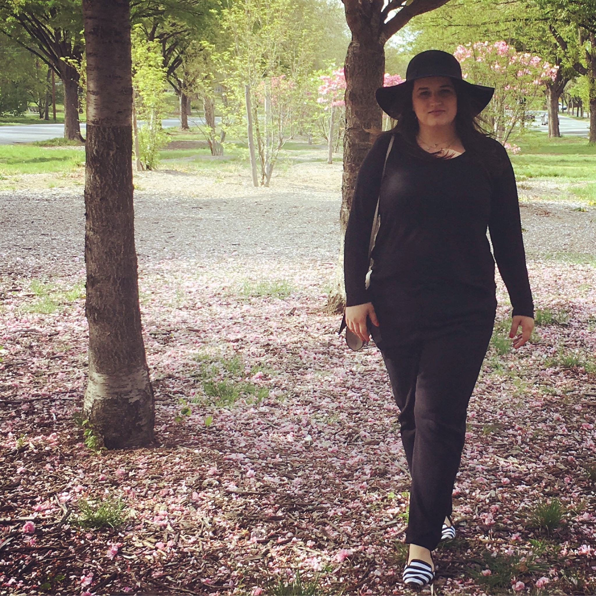 All black outfit! Perfect for Halloween! Pumpkin spice and everything nice 😊 All black outfit for fall. This versatile outfit can be worn at school, for Halloween, on a date, to brunch, and back to school. Outfit details, black sun rim hat, black long sleeve shirt, and black loose slacks, small shoulder bag, and striped white and navy loafers 

#LTKSale #LTKSeasonal #LTKunder100