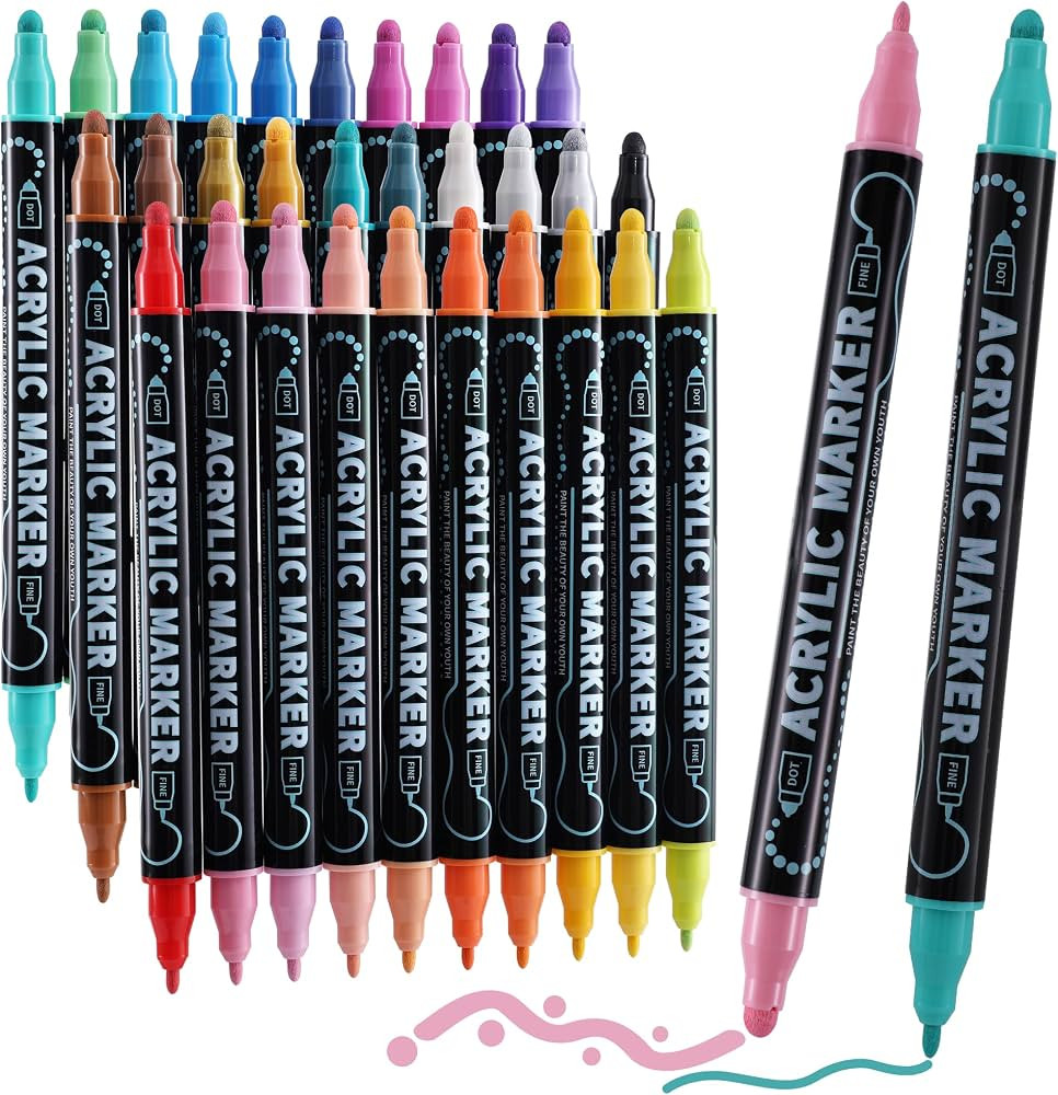 30 Colors Waterproof Dual Tip Acrylic Paint Pens, Dot & Fine Tip Premium Coloring Drawing Markers... | Amazon (US)