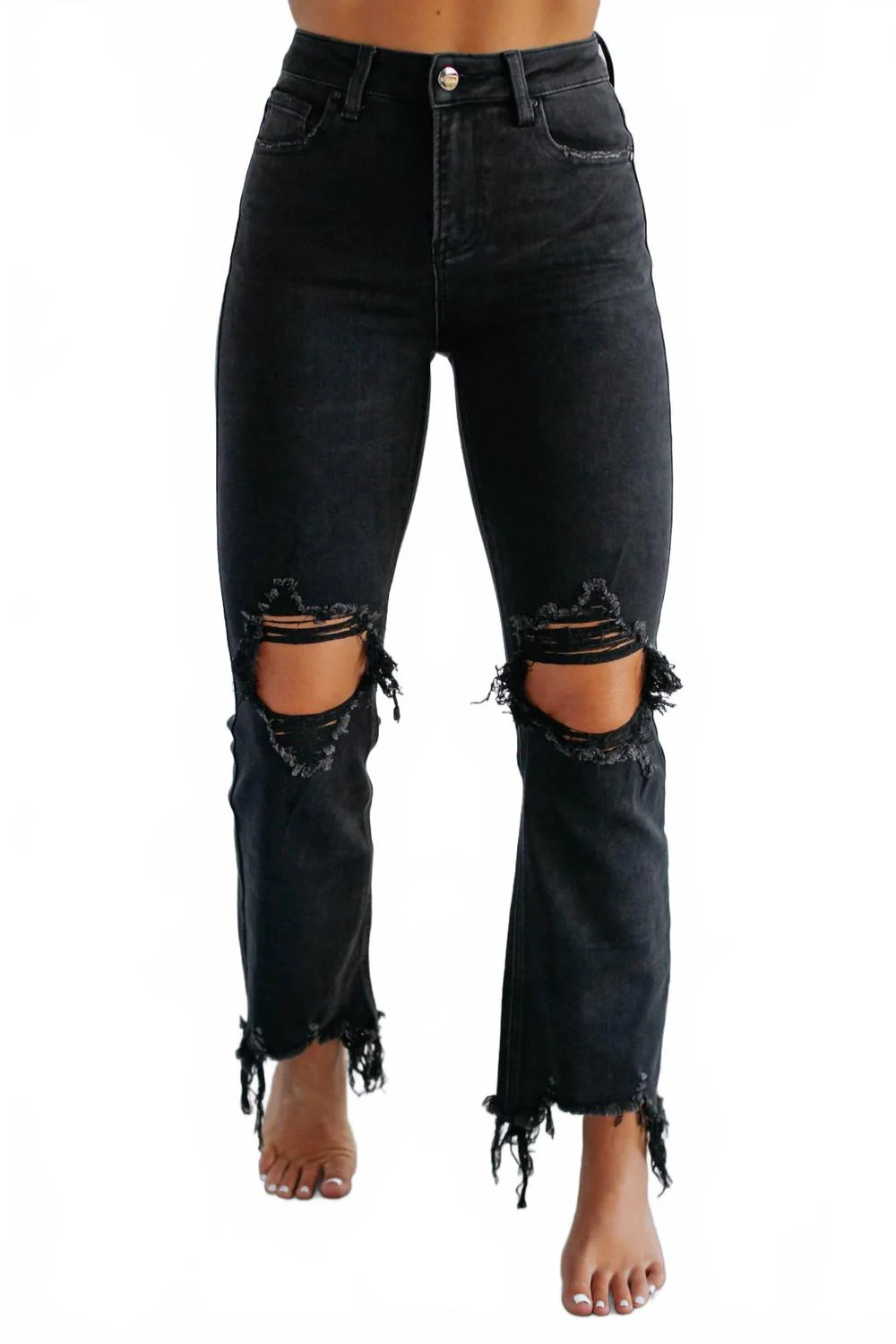 Tina High Rise Distressed Crop Straight Jeans In Black | Shop Simon