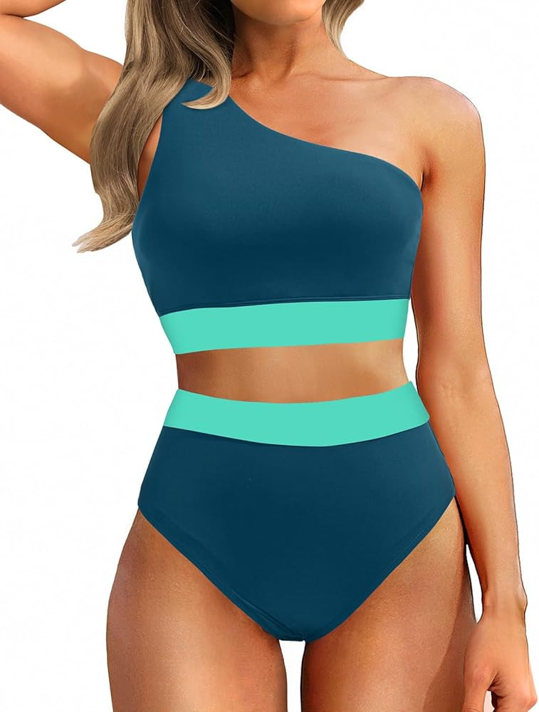 Holipick Women One Shoulder High Waisted Bikini Sets Two Piece Swimsuit Tummy Control Bathing Sui... | Amazon (US)