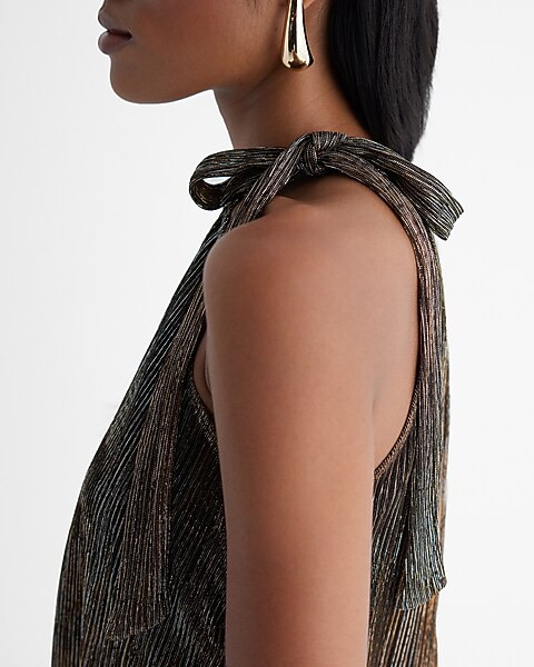 Metallic Tie Halter Neck Pleated Top | Express