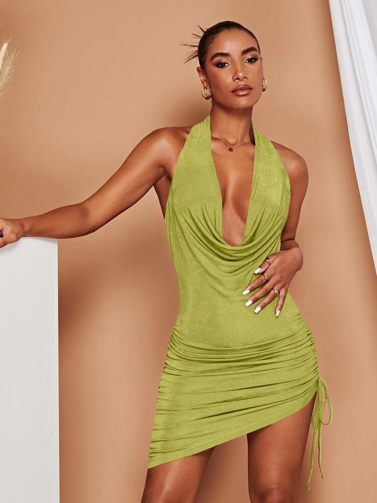 SHEIN BAE Draped Front Drawstring Side Backless Halter Neck Bodycon Dress | SHEIN