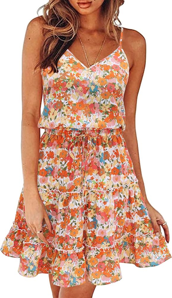 Newshows Women's 2024 Summer Dress Spaghetti Strap Casual Boho Beach Vacation Outfits Drawstring ... | Amazon (US)