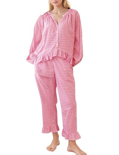 PEHMEA Women's Gingham Cotton Pajama Set, Cute 2 Piece Plaid Ruffle PJs with Long Pants Button Down Top for Lounge Sleepwear(Pink-XXL) | Amazon (US)