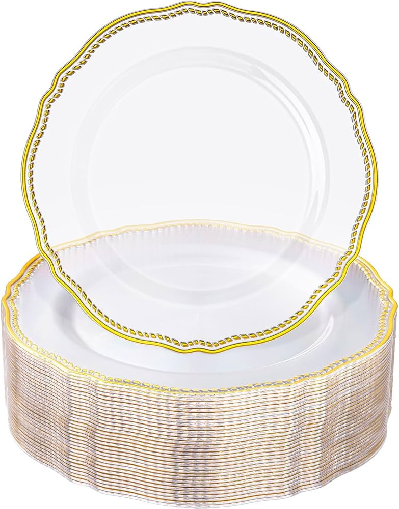 Hioasis 60pcs Clear Plastic Plates - Clear and Gold Disposable Dinnerware with Gold Rim, Heavy-du... | Amazon (US)