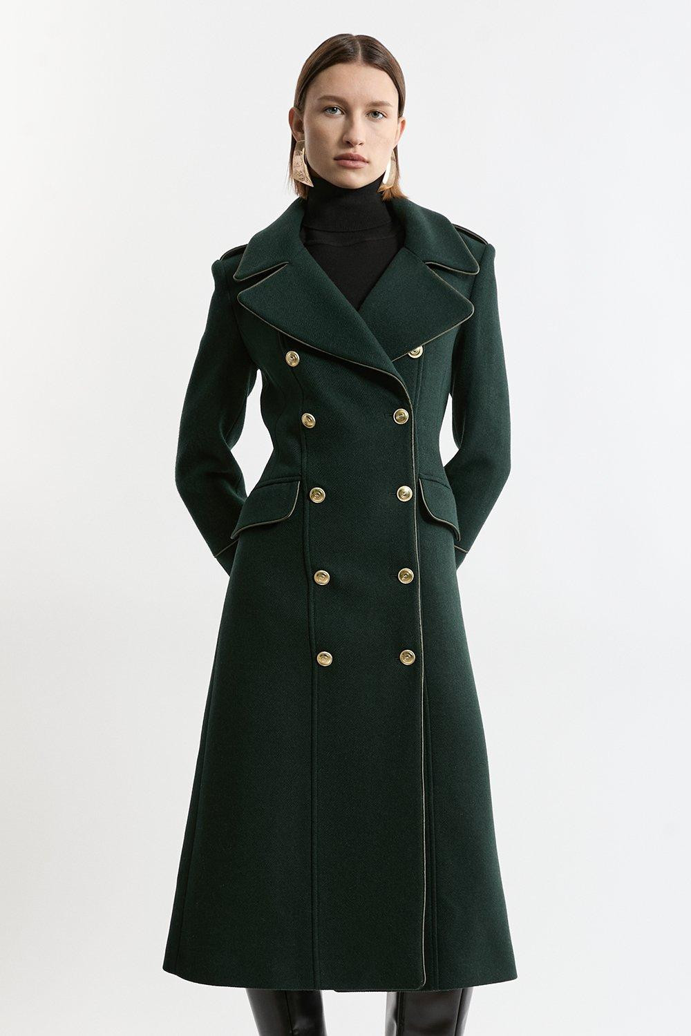 Premium Italian Manteco Wool Double Breasted Tailored Midi Coat | Karen Millen UK + IE + DE + NL