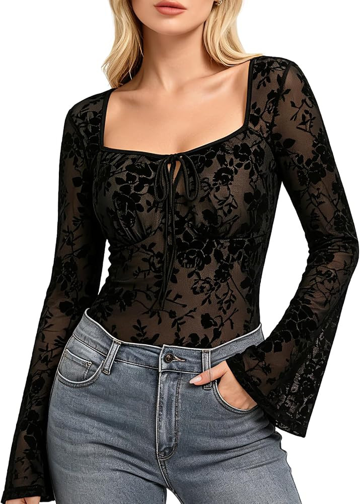 Belle Poque Mesh Long Sleeve Tops Lace Going Out top | Amazon (US)