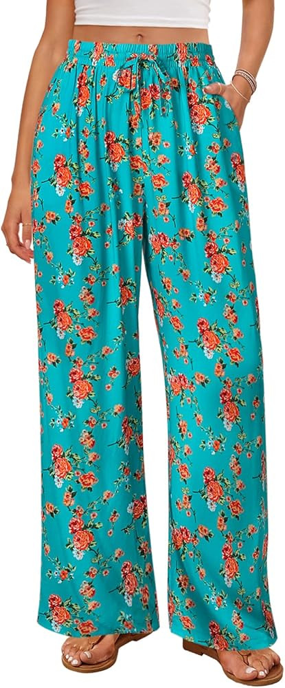 MEROKEETY Women's Striped Floral Wide Leg Pants Drawstring Elastic High Waist Casual Pants with P... | Amazon (US)