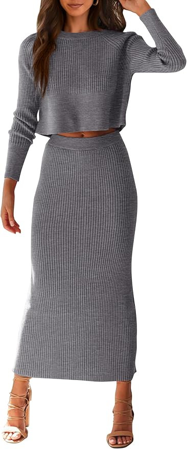 PRETTYGARDEN Women's Spring Fall 2 Piece Sweater Set Rib Knit Long Sleeve Crop Top Maxi Bodycon S... | Amazon (US)