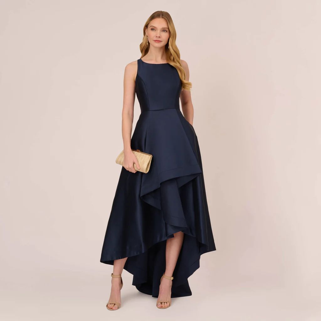High Low Mikado Gown With Asymmetrical Detail In Midnight | Adrianna Papell