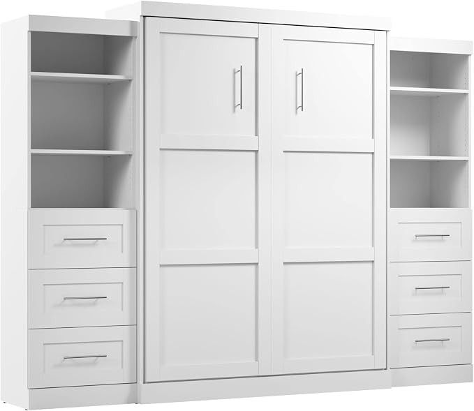 Bestar Pur Queen Murphy Bed and 2 Shelving Units with Drawers, 115-inch Space-Saving Wall Bed | Amazon (US)