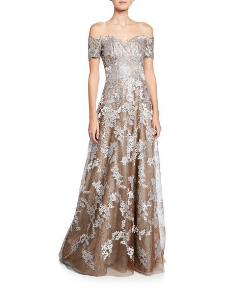 Off-the-Shoulder Sweetheart Short-Sleeve Metallic Lace Gown | Neiman Marcus