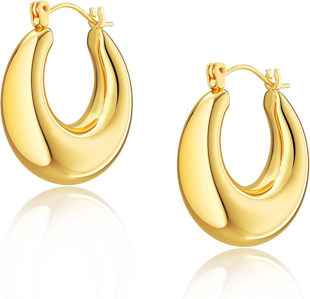 Chunky Gold Hoop Earrings for Women, 14k Gold Plated Thick Triple Hoop Earrings Hypoallergenic Tr... | Amazon (US)