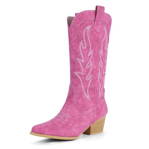 IDIFU Hot Pink Cowgirl Boots Cowboy Boots for Women Western Boots Mid Calf Chunky Low Heel Pointed Toe Embroidered Country Boots Cute Fashion Booties for Women Dress Heeled Boots(Hot Pink, 8.5) | Amazon (US)