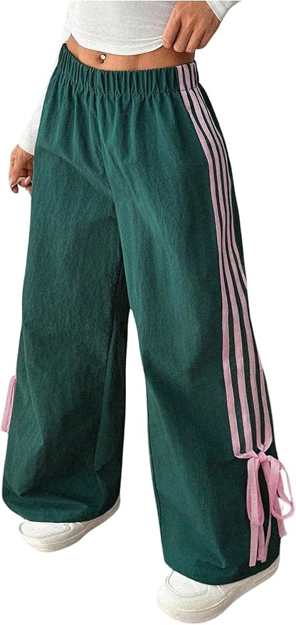 Women's Y2K Baggy Bow Wide Leg Pants Striped Track Elastic Waist Long Sweatpants Parachute Pants | Amazon (US)