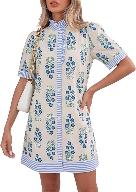Kedera Womens Mini Dress Casual Short Sleeve Floral Ruffle V Neck Summer Loose Boho Babydoll Dres... | Amazon (US)