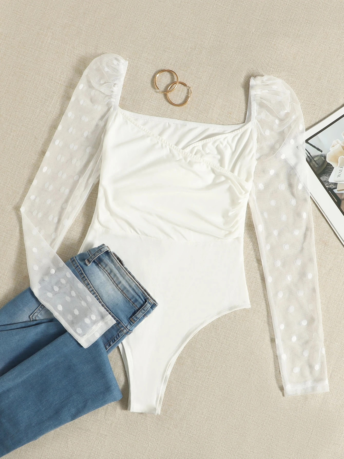 SHEIN Sweetheart Neck Dot Mesh Sleeve Wrap Bodysuit | SHEIN