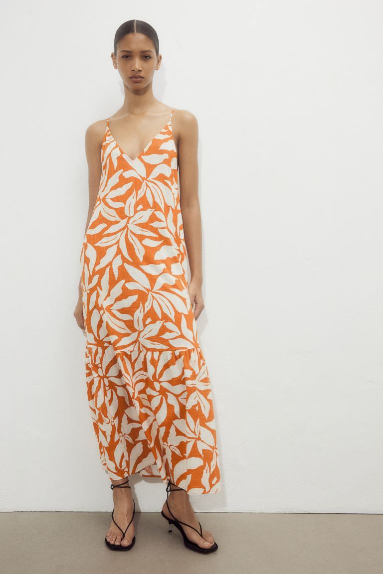 Long A-line Dress - V-neck - Sleeveless - Orange/patterned - Ladies | H&M US | H&M (US + CA)
