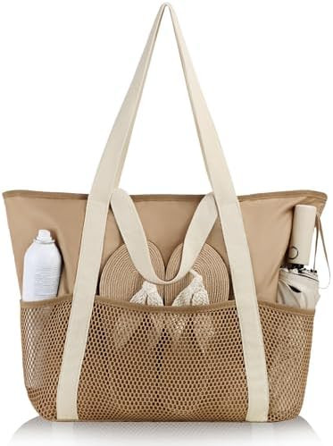 HOMESPON Beach Bag Large Waterproof Sandproof Foldable Tote for Women with Zipper Mesh Pockets fo... | Amazon (US)