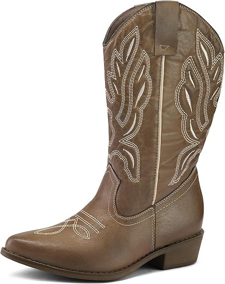 mysoft Women's Wide Calf Cowboy Boots Pull-On Mid-Calf Embroidered Pointed Toe Retro Western Boot... | Amazon (US)