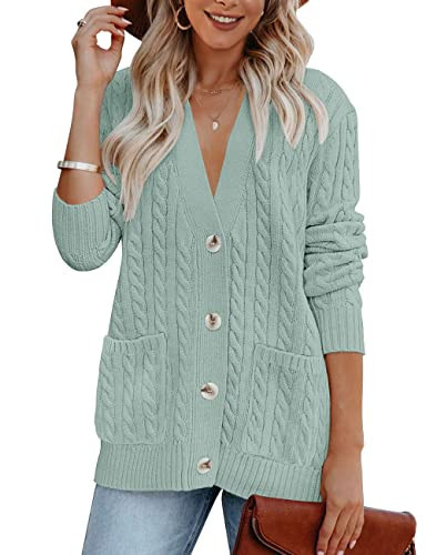 MEROKEETY Women's 2025 Button Down Cable Knit Open Front Cardigans Long Sleeve Cozy Sweater Coat with Pockets,Sage,XXL | Amazon (US)