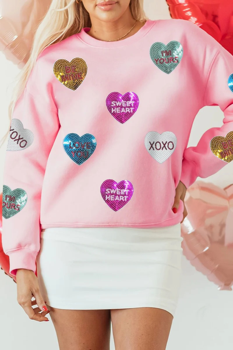 Valentine’s Day Sequin Heart Round Neck Long Sleeve Sweatshirt | Charming Charlie
