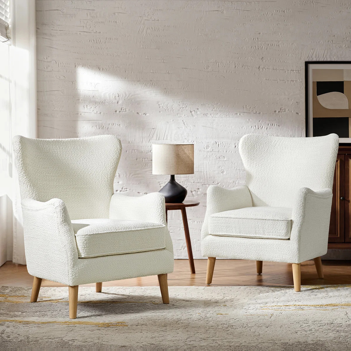 Caden 28.5" W Modern Boucle Wingback Armchair With Solid Wood Legs (Set of 2) | Wayfair North America