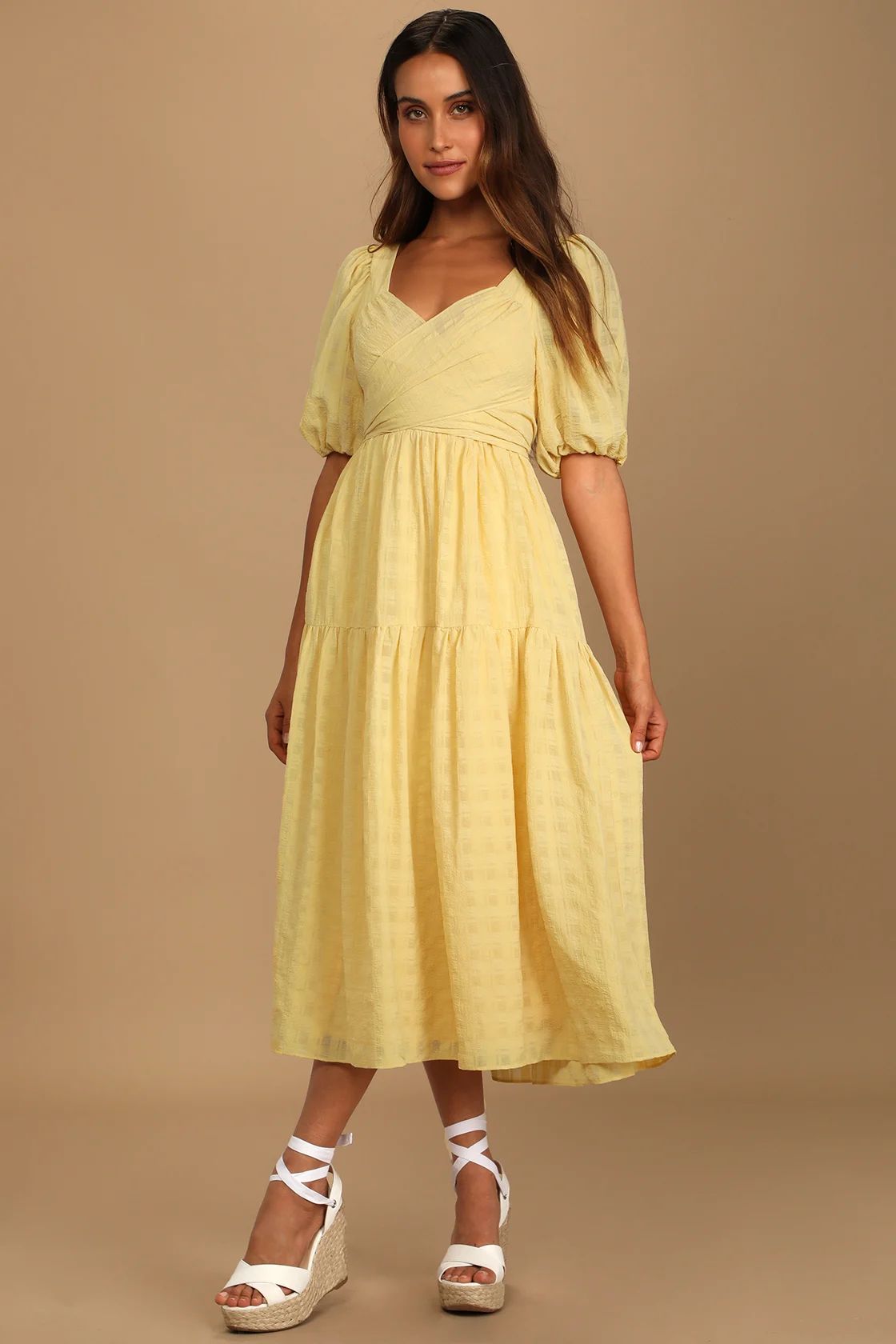 Hello Sweetheart Light Yellow Puff Sleeve Tiered Midi Dress | Lulus (US)