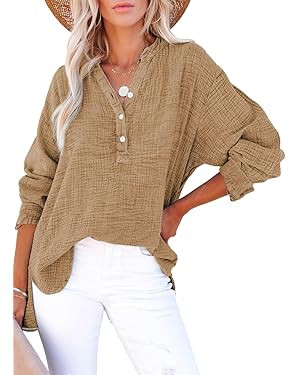 Dokotoo Womens Casual Button V Neck Long Sleeve Shirts Oversized Solid Blouses Tops | Amazon (US)