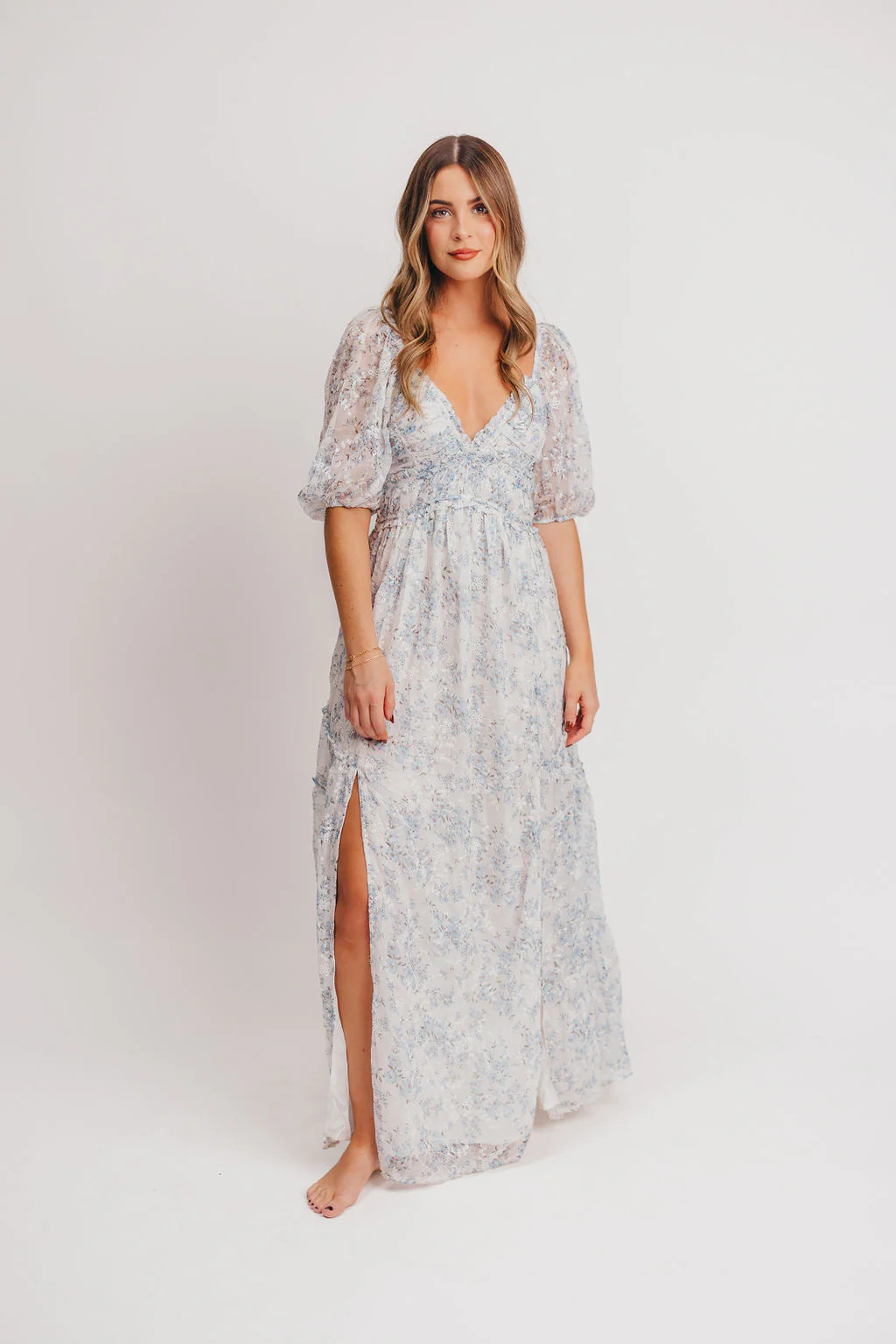 Daphne High Slit Eyelet Detail Maxi Dress in Blue and White Floral - I | Worth Collective