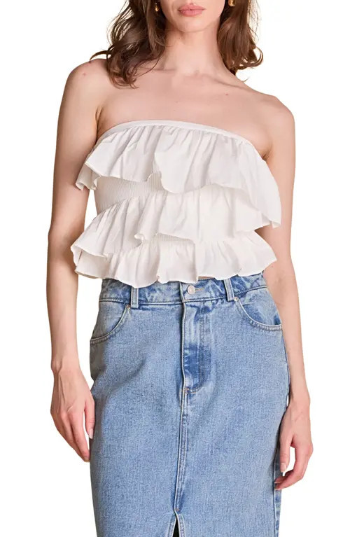 Endless Rose Mixed Media Ruffle Strapless Rib Tube Top in White at Nordstrom, Size X-Small | Nordstrom