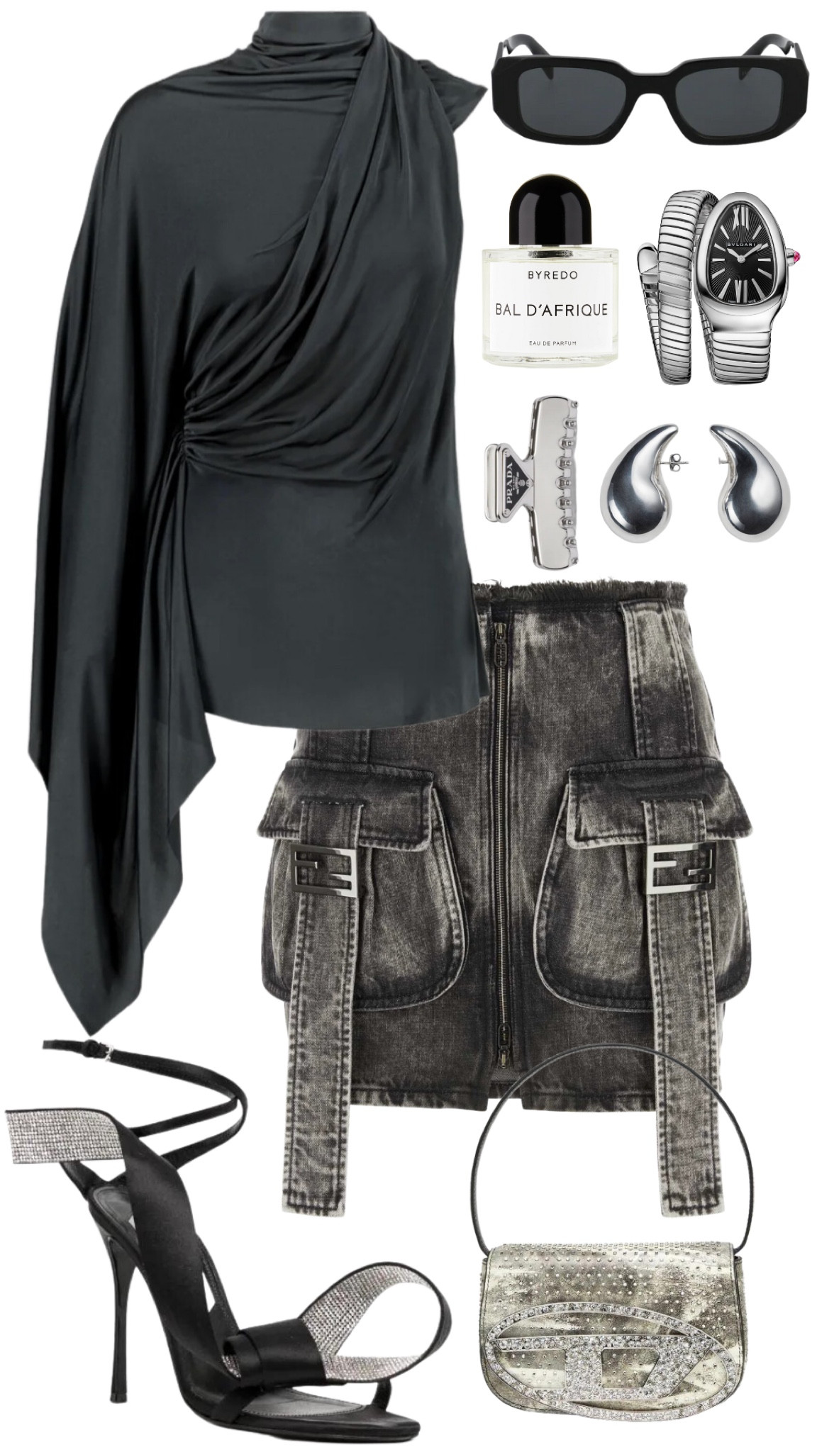 atlein top 
fendi skirt 
area x sergio rossi heels 
diesel bag 
prada sunglasses 
bottega earrings 
bulgari watch 
byredo bal d’afrique perfume 
prada hair clip

#LTKstyletip #LTKfit #LTKFind