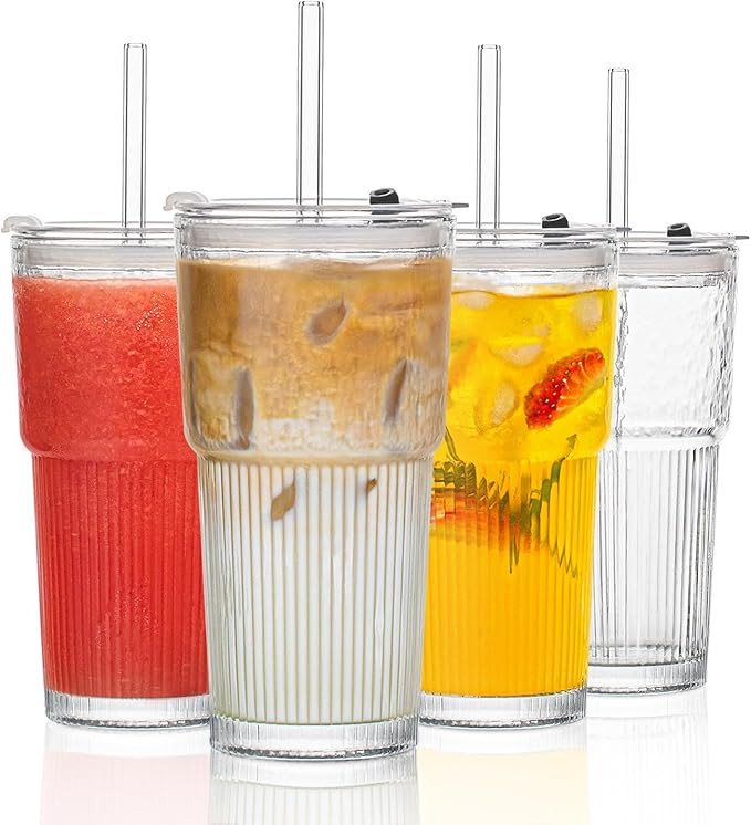 INSETLAN 530ml Glass Cups with Straws & Straw Cleaner, Set of 4, Clear Ribbed Drinking Glasses wi... | Amazon (US)
