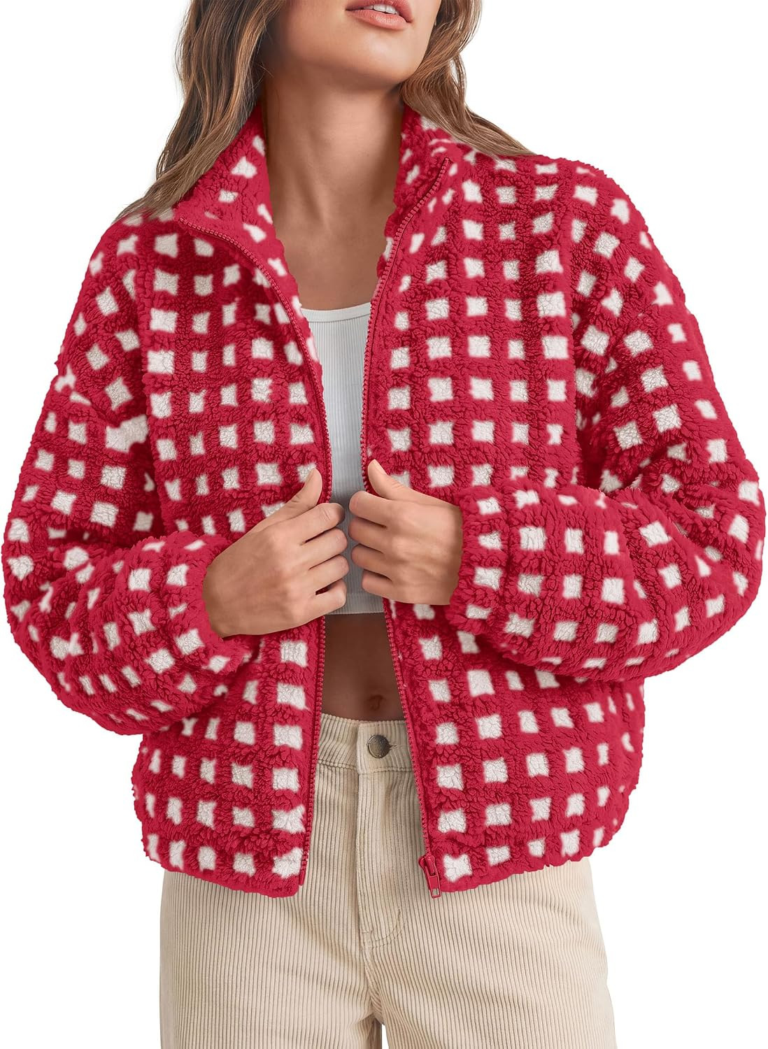 PRETTYGARDEN Women's Gingham Sherpa Fleece Jacket Plaid Cropped Teddy Coat | Amazon (US)