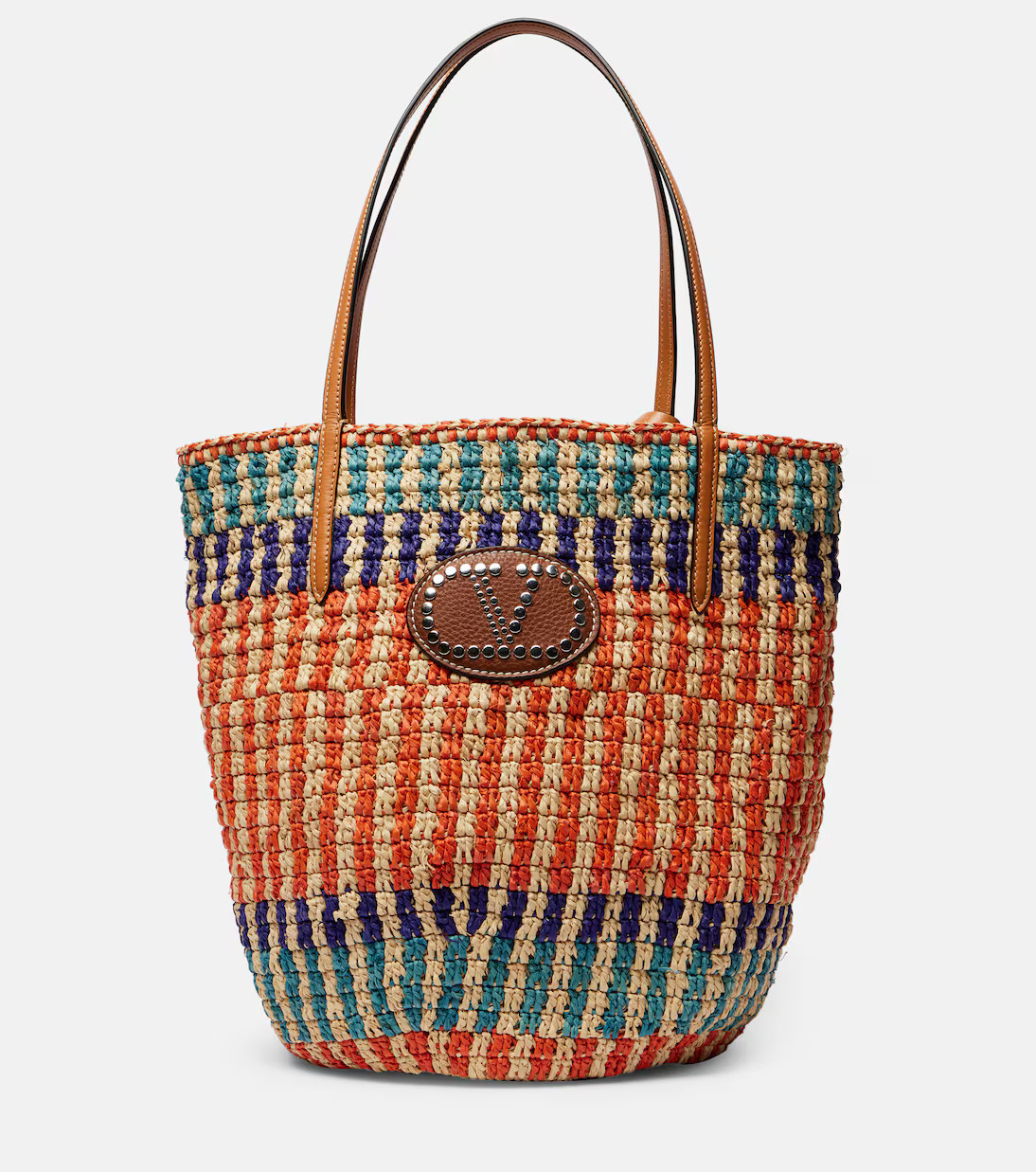 VLogo leather-trimmed raffia tote bag | Mytheresa (US/CA)