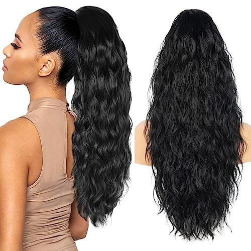 26 inch Black Ponytail Extension, Drawstring Ponytail for Women, Long Wavy Pony Tails Hair Extensions, Synthetic Hair Extensions Ponytail for Daily Use (Color: Black) | Amazon (US)