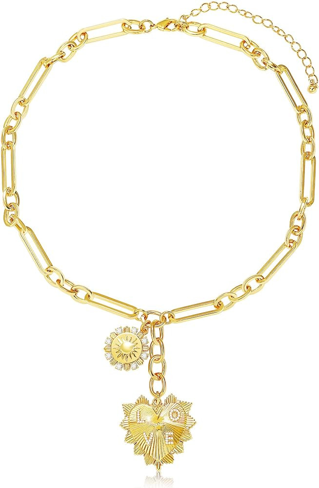 Chunky Gold Sun Heart Pendant Charm Necklace for Women 18K Gold Plated Thick Paperclip Chain Chok... | Amazon (US)