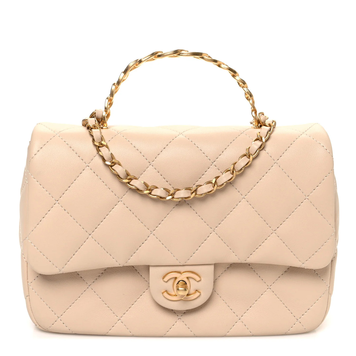 Lambskin Quilted Metal Enamel Chain Top Handle Square Flap Beige | FASHIONPHILE (US)