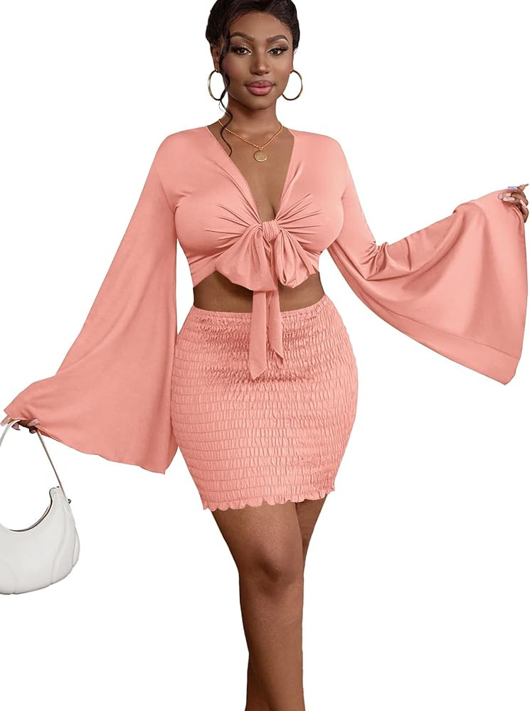 LYANER Women 2 Piece Vacation Outfits Tie Knot Front Bell Long Sleeve Crop Top and Mini Skirt Sum... | Amazon (US)
