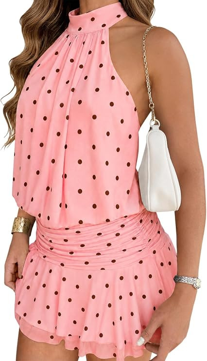 Wenrine Womens Mesh Halter Mini Dresses Summer Sleeveless Tie Open Back Ruched Waist Tiered Ruffl... | Amazon (US)