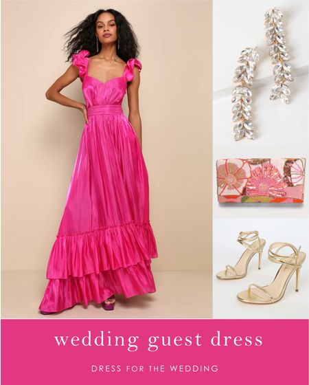 Hot pink formal dress for a wedding guest with ruffle details 💕 absolutely love hot pink for creative and colorful black tie dress codes. Lulus wedding guest dresses for 2024 weddings are amazing! Crystal statement earrings a beaded wedding guest clutch, strappy high heels under $50.  Wedding guest shoes. Affordable dresses for weddings. Follow Dress for the Wedding for wedding guest dresses, bridesmaid dresses, wedding dresses, and mother of the bride dresses. #weddingguestdress #weddingguestdresses #bridesmaid #bridesmaiddress #motherofthebride #cutedress #affordabledress 

#LTKwedding #LTKshoecrush #LTKfindsunder100