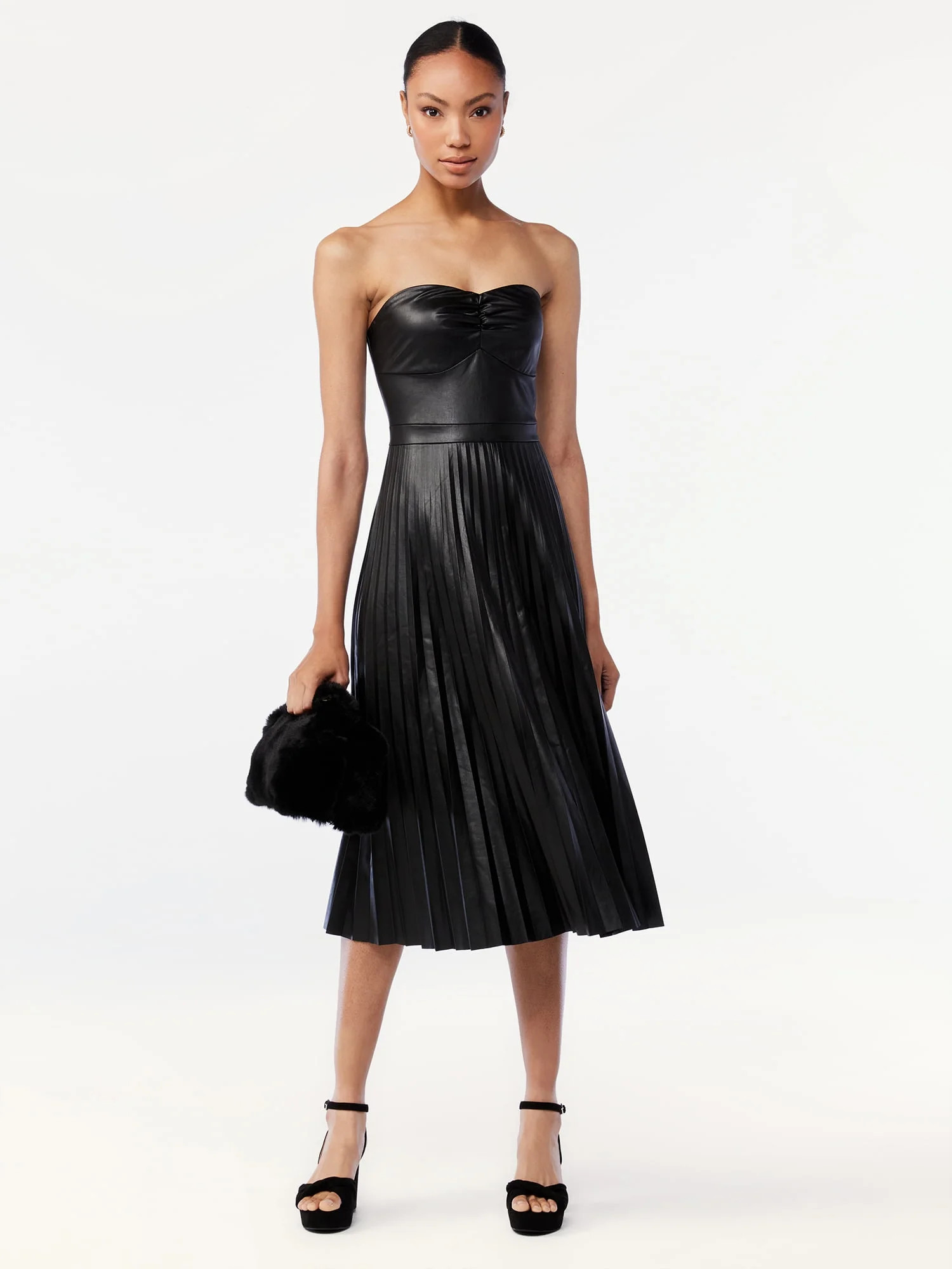 Scoop Women's Faux Leather Strapless Pleated Midi Dress | Walmart (US)