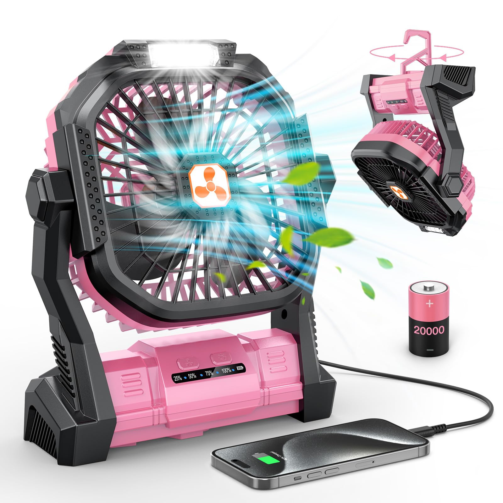 ONLYNEW Portable Fan Rechargeable, 20000mAh Cordless Battery Powered Table Fan with LED Lantern, ... | Amazon (US)