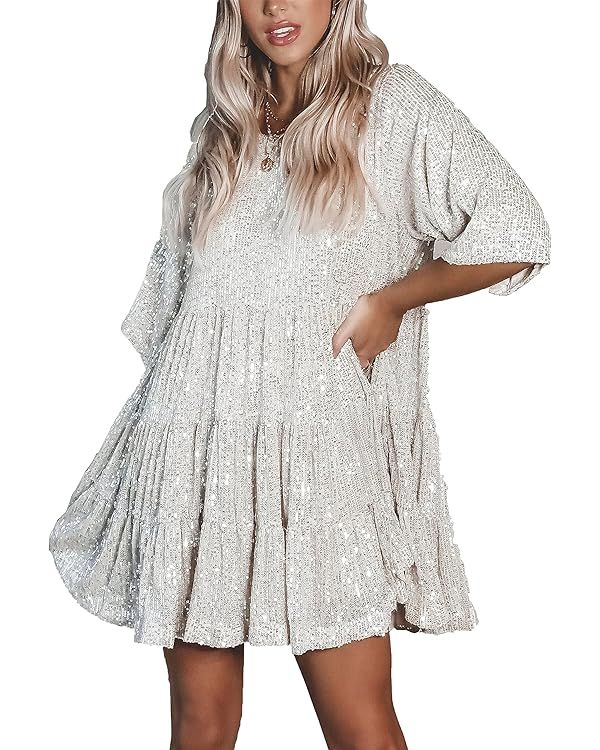HYLLGUD Women Sequin Dress Sparkly Giltter Round Neck Short Sleeve A-Line Loose Swing Tunic Dress... | Amazon (US)